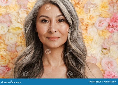 Smiling Mature Topless Woman Standing Posing Stock Image Image Of