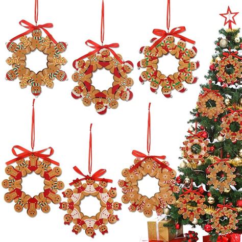 Poen 6 Pcs Christmas Gingerbread Man Wreath Wooden Gingerbread Man