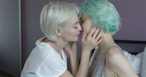 Tender Women Lesbian Couple Kissing Each Other Pssionately Sensually Side View Stock Video