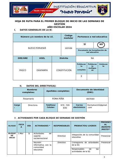 Hoja De Ruta Para Una Ie Nuevo Porvenir Hoja De Ruta Para El Primer