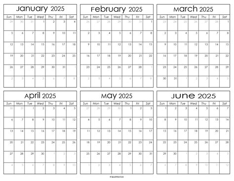 January to June 2025 Calendar Templates- SpootViral