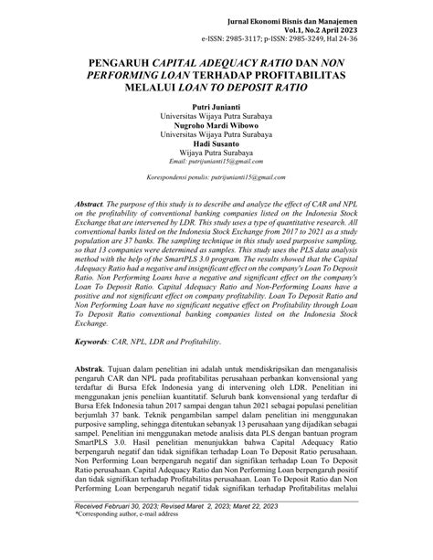 Pdf Pengaruh Capital Adequacy Ratio Dan Non Performing Loan Terhadap