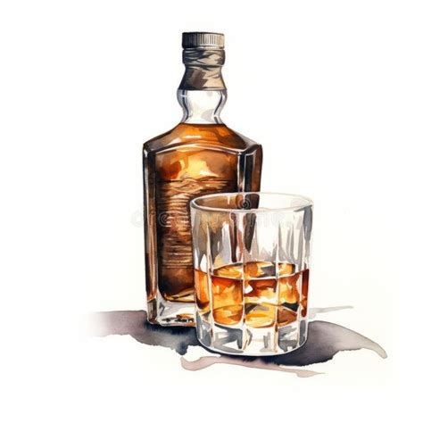 Realistic Watercolor Illustration Of Whisky And Glass Stock