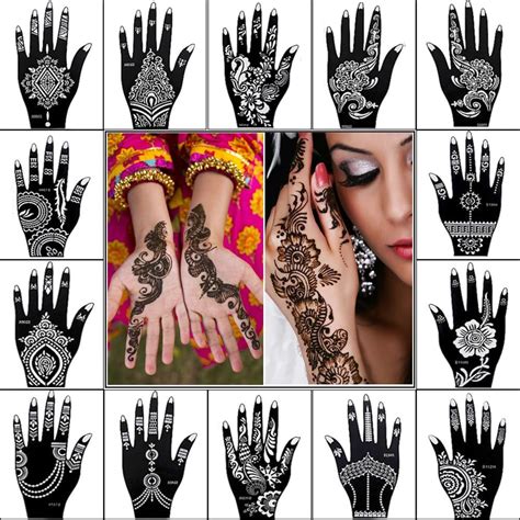 XMASIR 14 Feuilles Tatouage Pochoir Pour La Main Mehndi Tatouages