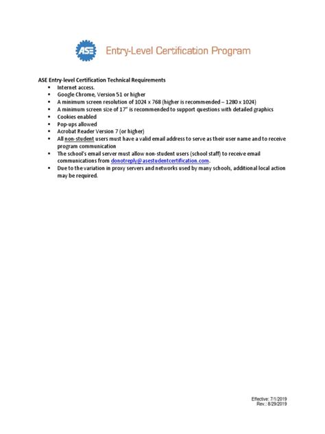 ase entry level certification technical requirements effective  rev