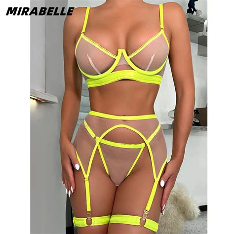 Mirabelle Neon Female Lingerie Sexy Transparent Bra And Panty Sets Lace Underwear Kit Sensual