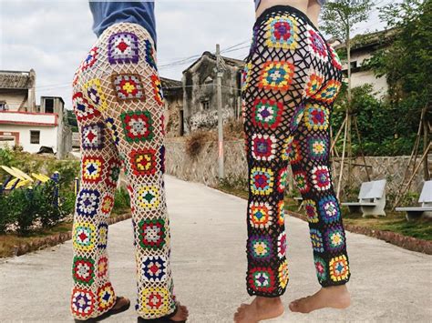 Fashion Handmade Crochet Women Trousers Granny Squares Long Pants