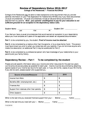 Fillable Online Review Of Dependency Status 2016 2017 College Of The