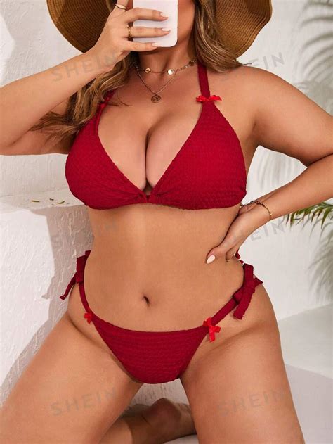 SHEIN Swim Mod Plus Size Bikini Swimsuit Set With Bow Decoration And Halter Neck Design String