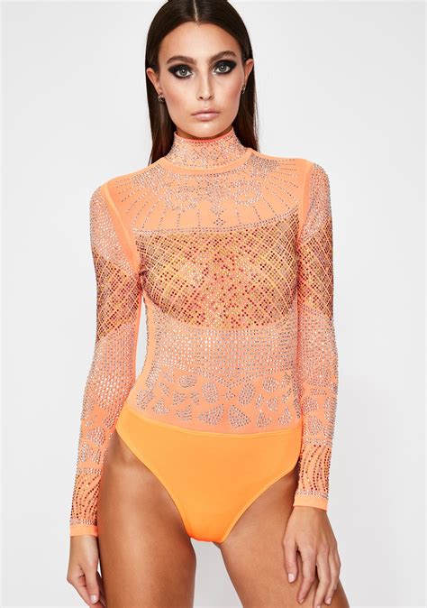 Orange Rhinestone Embellished Bodysuit Dolls Kill