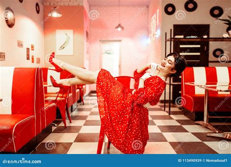 Pin Up Girl With Makeup Posing In Retro Cafe Stock Image Image Of