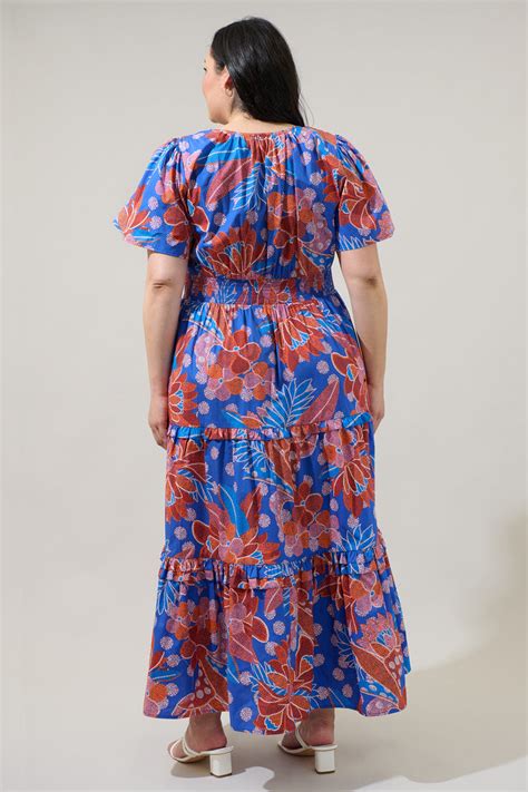 Amazonia Blue Floral Palmer Poplin Tiered Maxi Dress Curve Sugarlips