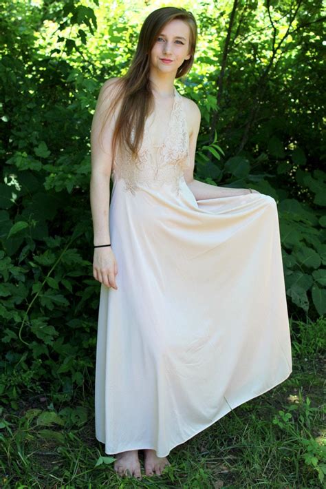 Vintage S Glydons Nude Open Lace Bodice Nylon Retro Dress Night Maxi