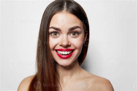 Cheerful Woman Red Lips Smile Naked Shoulders Light Background Stock Photo At Vecteezy