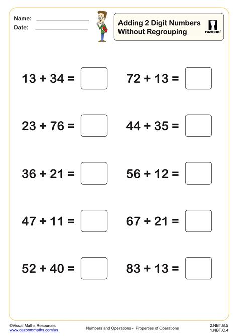 Adding 2 Digit Numbers Without Regrouping 10 Questions 2nd