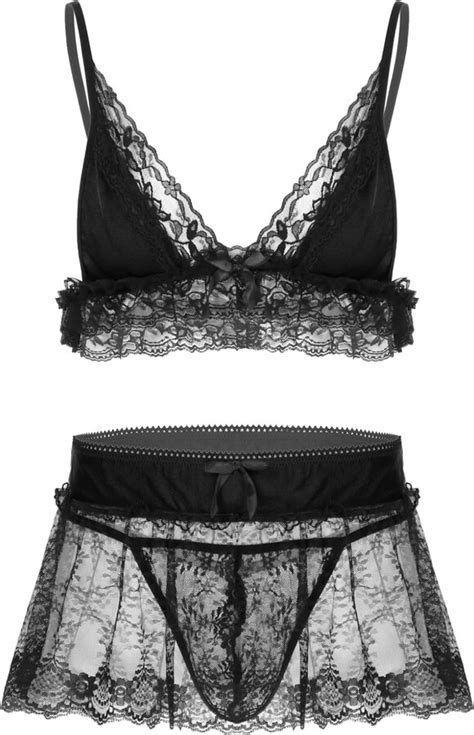 Yeahdor Men S Sheer Lace Sissy Lingerie Set Bra Top Mini Skirt And Thong Briefs Bikini Underwear