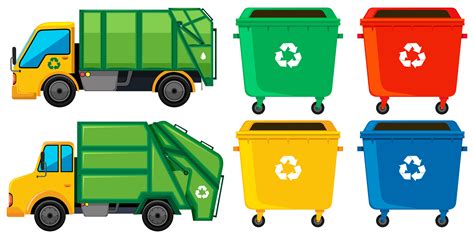 Rubbish Truck And Cans In Four Colors Vector Art At Vecteezy