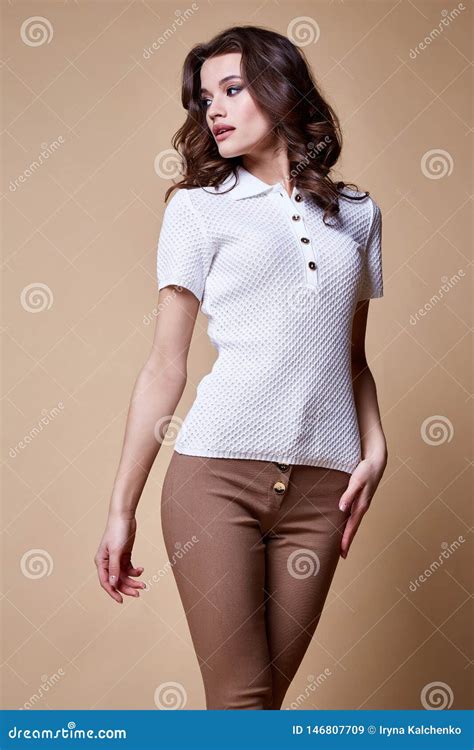 Beautiful Woman Fashion Glamour Model Brunette Hair Makeup Wear Silk Blouse Trousers Clothes For