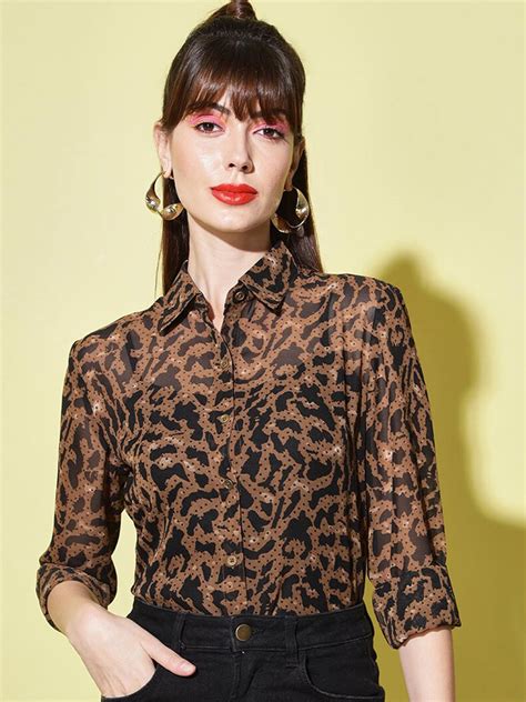 Buy Slenor Animal Printed Shirt Collar Puff Sleeves Shirt Style Top
