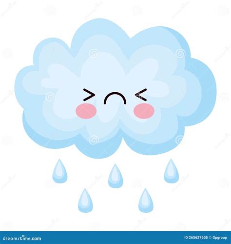 Kawaii Nube Lluvia Tiempo Caricatura Lindo En Blanco Fondo Vector