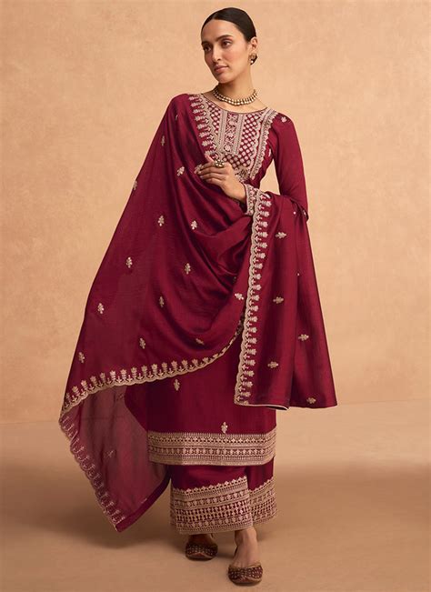 Shop Eid Suit Maroon Embroidery Silk Festive Palazzo Suit At Hatkay