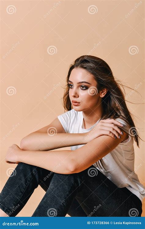 Brunette Woman Posing Girl With Professional Make Up Stock Photo Image Of Dress Black