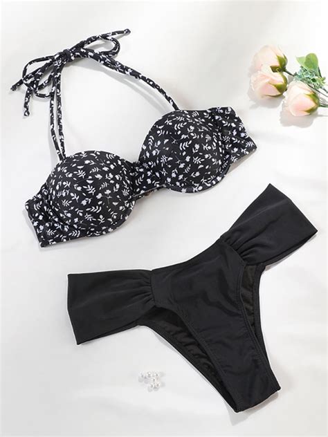Anqingluelv Ruffle Floral Bikini Solid Swimsuit Lace Up Biquinis Feminino New Print Swimwear