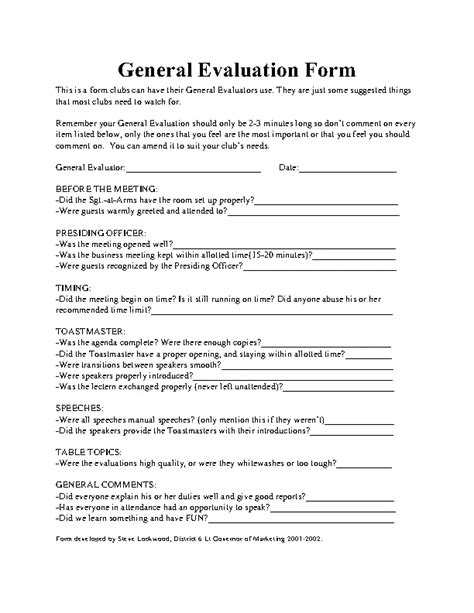 General Toastmaster Evaluation Form Template Pdf Format Free Download