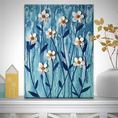 Rainy Day Painting of White Flowers on Blue, 3D Textured Original Art on Little Canvas, OOAK ...