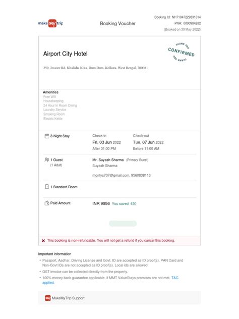 Booking Confirmation Voucher Mmt Kolkata Pdf