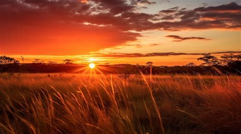 Premium AI Image | a field with tall grass and a sunset in the background