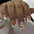 Amazon Pikabows Press On Nails Long Square Nude French Gold Glitter Fake Nails Acrylic