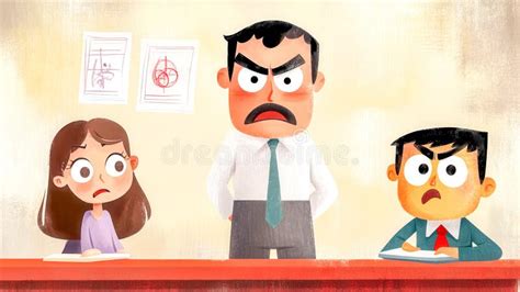 strict teacher scolding students  classroom setting stock image