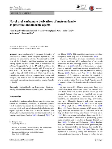 Pdf Novel Aryl Carbamate Derivatives Of Metronidazole As Potential