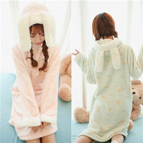 Pink Green Kawaii Bunny Fleece Home Wear Pajamas Dress SP164907