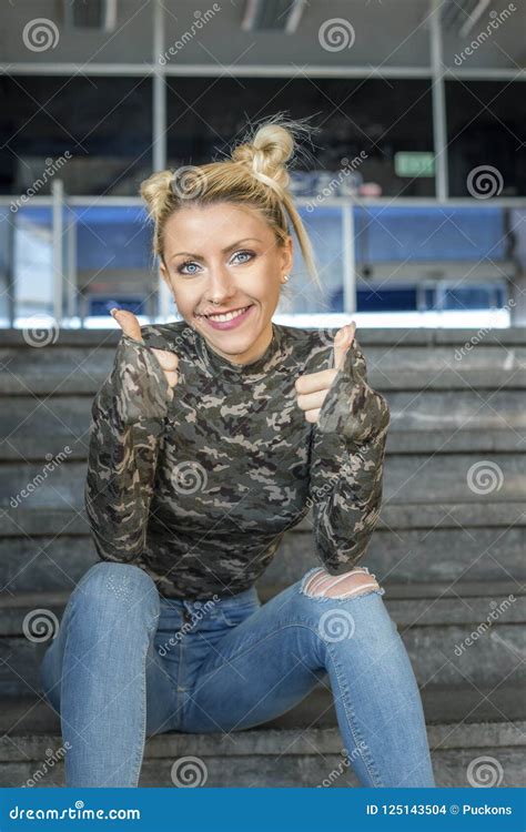 Blonde Girl Sitting On Stairs And Smile Stock Photo Image Of Gorgeous Joyful 125143504