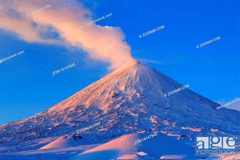 Beautiful Winter Volcanic Landscape Of Kamchatka Peninsula View Of Eruption Active Klyuchevskoy