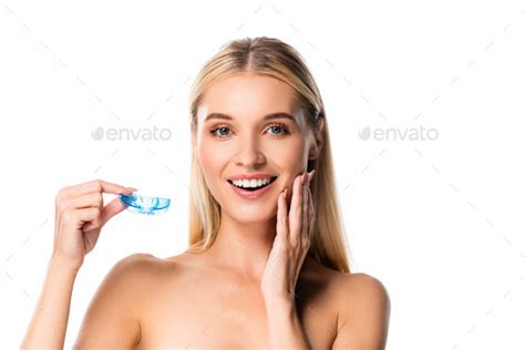 Naked Smiling Blonde Woman With White Teeth Holding Mouth Guard Isolated On White Stock Photo By