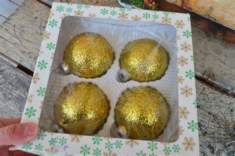 Vintage Boxed Christmas Ornaments 4 Gold Glitter Baubles 1960s