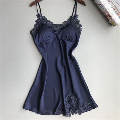 Navy XL Women Sexy Lingerie Silk Lace Robe Dress Babydoll Nightdress Nightgown Sleepwear