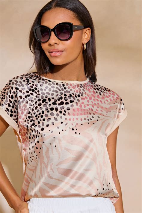 Buy Brown Lipsy Round Neck Printed Satin T Shirt From Next Israel