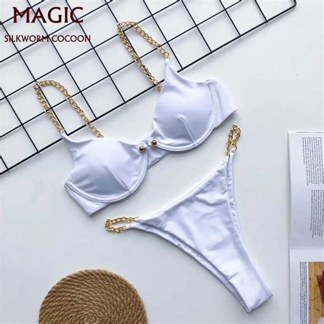 Sexy Micro Bikini Set Cadena A Juego Thong Bañador Brasileño Mujer Blanco Push Up Swimwear