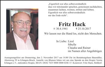 Fritz Hack Traueranzeige Trauer Infranken De