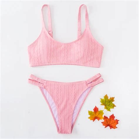 Pink Textured Halter Bikini With Adjustable Straps On Luulla