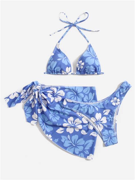 Swim Mod Summer Beach Floral Bikini Set Halter Micro Triangle Bra Bikini Bottom Cover Up