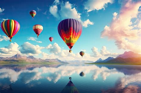 Vista aérea de balão de ar quente no céu azul sobre a paisagem