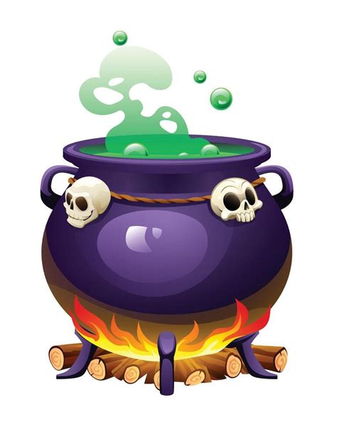 Witch Cauldron With Skulls And Green Bubbling Potion Over A Fire