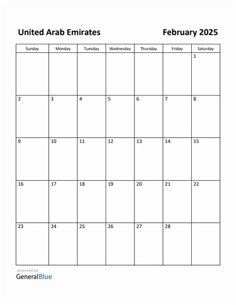 Free Printable February 2025 Calendar for United Arab Emirates