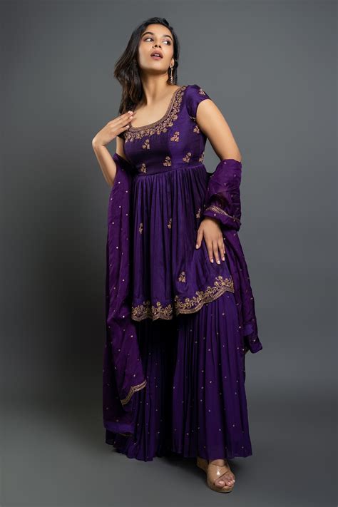 Buy Purple Dupion Silk Embroidered Floral Zardozi Anarkali Sharara Set