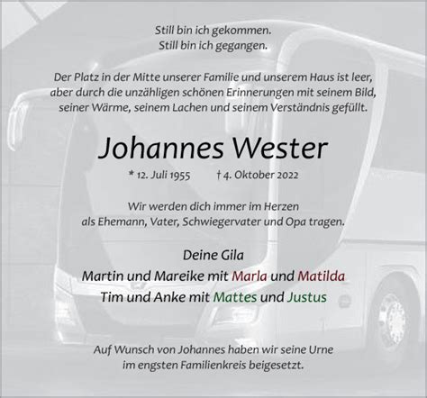 Traueranzeigen Von Johannes Wester Noz Trauerportal